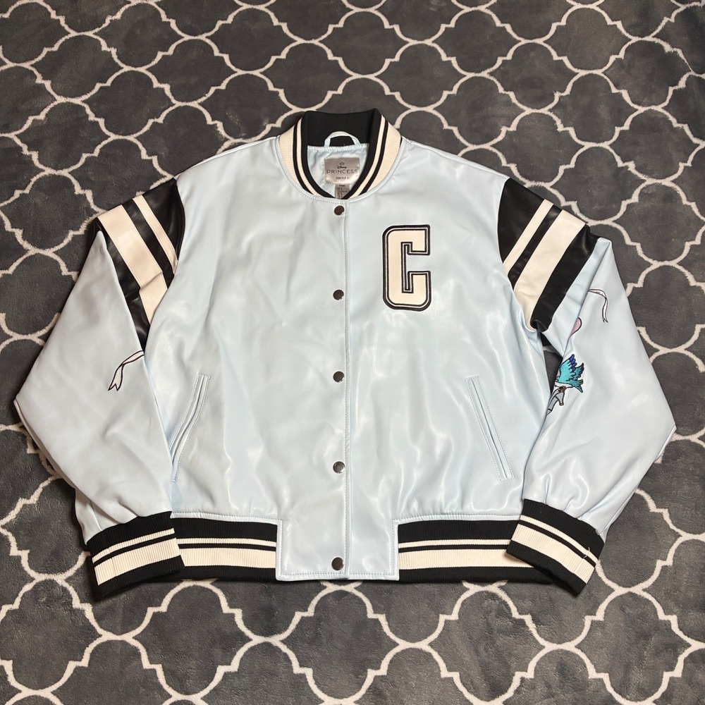 Disney Forever 21 Cinderella Varsity Jacket Blue Faux Leather Bomber Womens M
